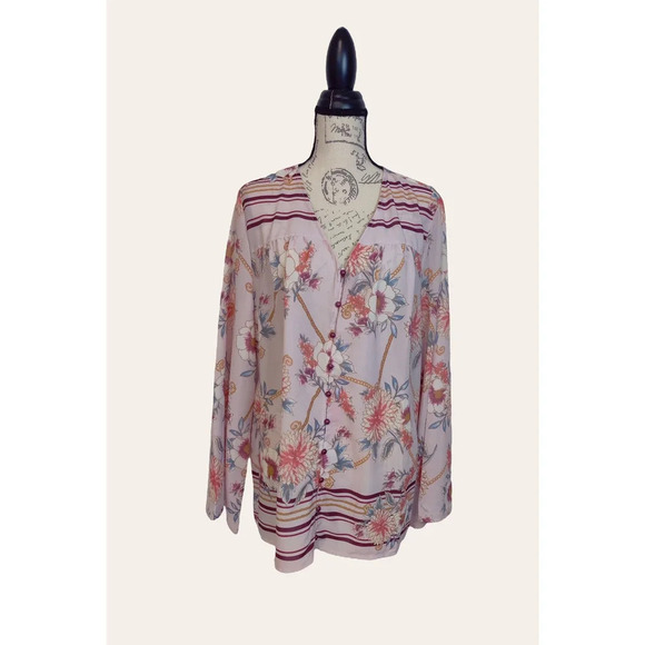 Suzanne Betro Women Floral Sheer Long Sleeve Blouse Tunic Flowy Pink Plus Sz 1X - Picture 1 of 8